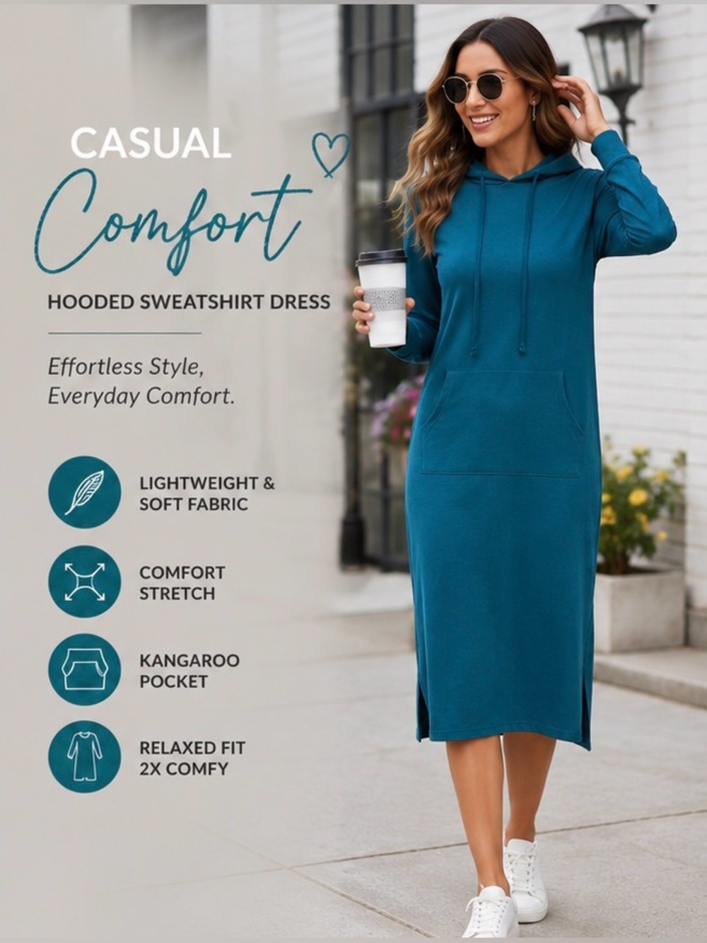 Hooded Sweatshirt Dress 2X Teal Lightweight Casual Hoodie Dress